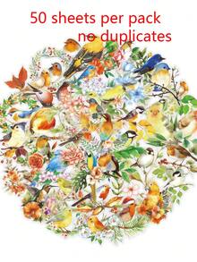 50pcs/Pack Forest Birds & Flowers PET Decorative Stickers, Self-Adhesive DIY Stickers, Suitable For Luggage, Laptop, Refrigerator, Phone Case, Water Bottle And Any Other Scenes - one-size - View 1