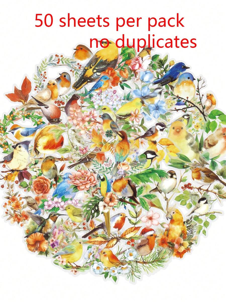 50pcs/Pack Forest Birds & Flowers PET Decorative Stickers, Self-Adhesive DIY Stickers, Suitable For Luggage, Laptop, Refrigerator, Phone Case, Water Bottle And Any Other Scenes - one-size - View 1