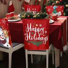 6pcs Vintage Christmas Chair Back Covers, Assorted Snowman Santa Xmas Tree Letter Print Stretch Chair Slipcovers, Removable Washable Xmas Dining Chair Back Protector, Holiday Dining Room Decor - Red - View 3