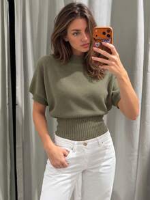 Knit Tops For Women Crop Olive Green Sweaters Fall Short Sleeve Rib Knitted Going Out Tops Woman Mock Neck Pullover Spring Causal Office Outfits - Olive Green - View 2