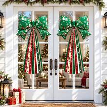 Large Christmas Bow Aluminum Foil Balloon With Striped Tassel Ribbon, Red And Green Christmas Print Bow Balloon, Christmas Party Home Background Photo Prop - Multicolor - View 6