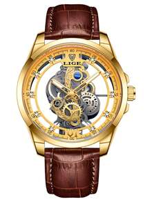 LIGE Men's Fashion Watch: Skeleton Design, Stainless Steel Band, Quartz Movement - Silver - View 12
