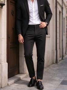 Men's Casual Straight Leg Dress Pants, Regular Fit With Zipper Fly, Suitable For Spring, Autumn And All Seasons, Office And Casual Wear - Black - View 1