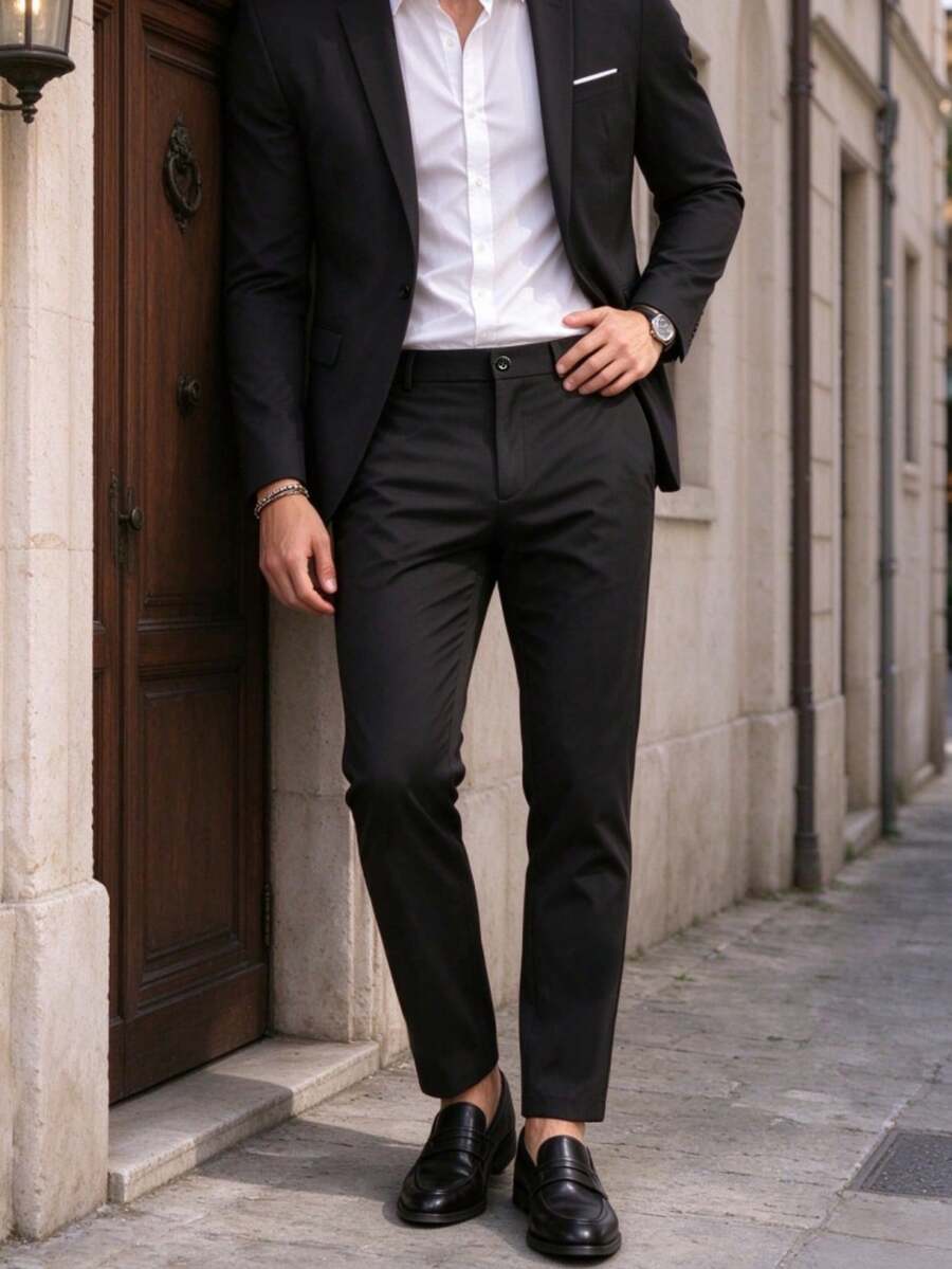 Men's Casual Straight Leg Dress Pants, Regular Fit With Zipper Fly, Suitable For Spring, Autumn And All Seasons, Office And Casual Wear - Black - View 1