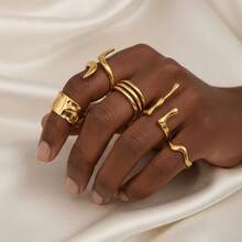 5pcs Minimalist Personalized Premium Stainless Steel Open Ring Set For Women, Asymmetrical Design Exaggerated Adjustable Finger Rings - 5-piece Ring Set - View 3