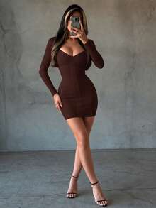Elegant Fall Winter V Neck Mini Bodycon Ribbed Dress Sexy Brown Bandage Dress Night Out Evening Cocktail Party Dress For Women - Brown - View 10
