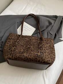 Tas Tote Suede Motif Leopard Wanita, Tas Bahu Besar, Gaya Vintage Bohemian, Cocok untuk Kerja, Perjalanan, dan Perjalanan Sehari-hari (Tanpa Liontin) - Coklat - View 11