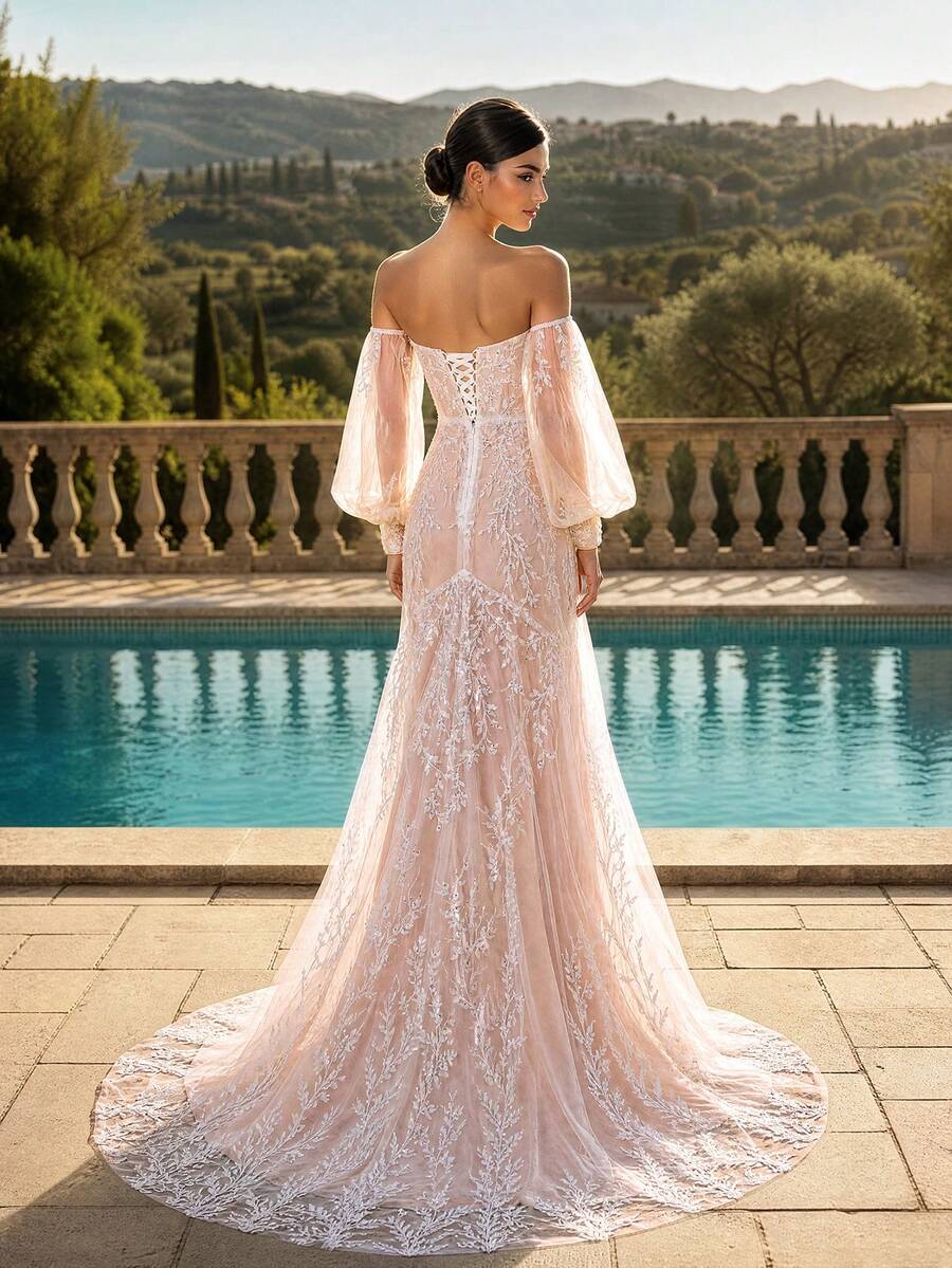 HEARBOBO Deep V-Neck Cold Shoulder Florence Lace Applique Elegant Formal Mermaid Wedding Dress With Train Bridal Gown - Apricot - View 1