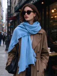 suzhichou 1Pc 100% Wool Ruffled Fringe Scarf, Elegant Wood Ear Edge Aesthetic Shawl Wrap, Lightweight Soft Long Neck Scarf, Women Fall Winter Decorative - Iceland Blue - View 5