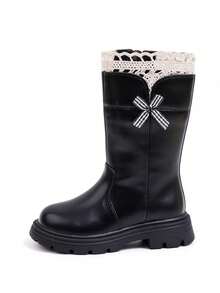 Autumn/Winter Girls' Boots With Side Zipper, Black Tall Boots, Princess Style, Thermal Lined, Suitable For Daily Wear - Black - View 4