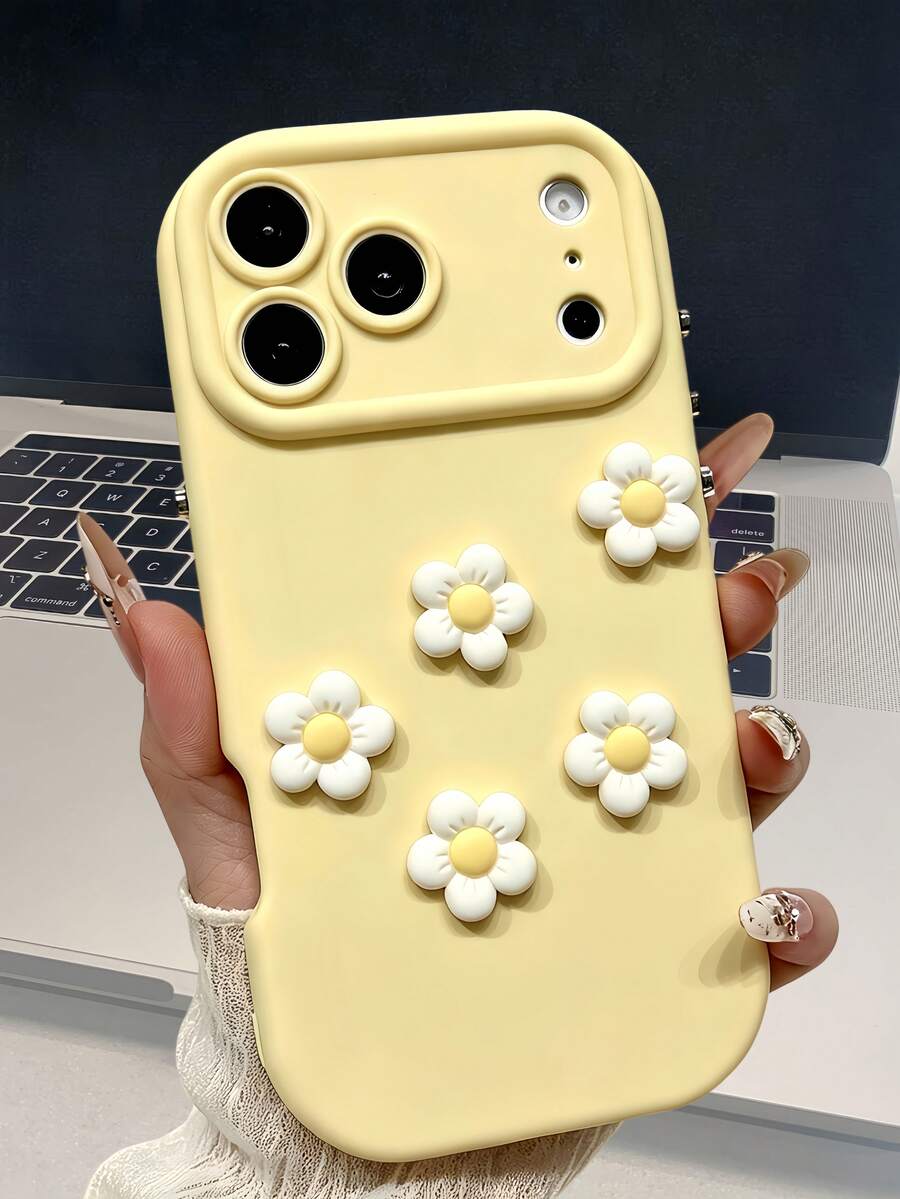 KOOLIFE 1件裝柔軟純色手機殼,適用於 Apple 17/16/15 Pro Max,3D 花卉圖案裝飾,防滑柔軟 TPU+PC 耐磨框架,凸起鏡頭保護,適合日常使用與節日禮物 - 黃色 - 查看 1