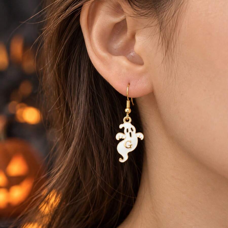 Halloween Black & White Ghost Ear Hooks, Cute Drip Little Devil Pendant Earrings, Party Atmosphere Accessory - White - View 1