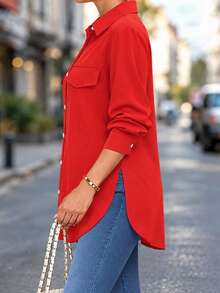 Plus Size Women Fashion Solid Color Side Slit Blouse Casual Spring Red - Red - View 4