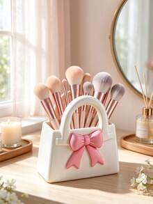 3D Printed Bow Bag Makeup Brush Holder, Multifunctional Desktop Storage Organizer, Cute Aesthetic Vanity Decor, Cosmetic Brush Container, Desk Pen Holder, Makeup Room Decor Gift - White - View 5