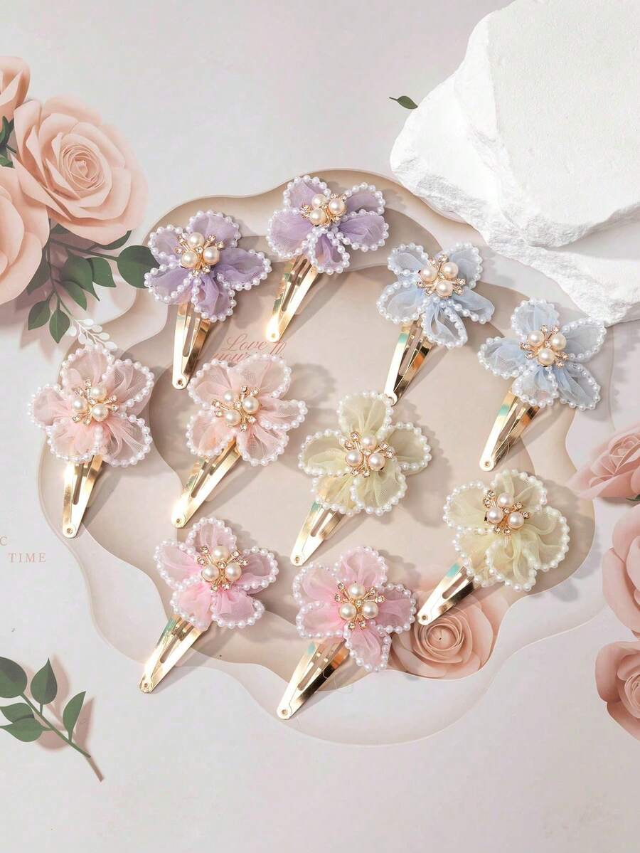 5PCS/Set Flower Pearl Hair Clips, Soft Chiffon Bangs Hair Clips, Cute Mixed Color Mesh Pearl Flower Side Clips Girls Hair Accessories Hair Clip Set - Multicolor - View 1