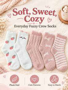 5/10 Pairs Women's Plush Mid-Calf Socks - Cute Strawberry Bow & Striped Pattern, Soft Warm Fuzzy Socks, Comfortable Winter Gift Set - Multicolor - View 8