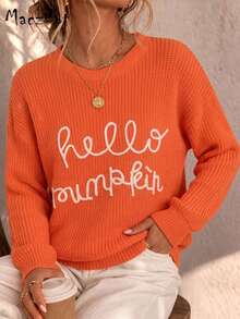 Plus Size Women Fall Winter Crew Neck Sweater, Long Sleeve "Hello Pumpkin" Letter Print Knit Jumper, Casual Top For Commute, Date & Daily Outing - Orange - View 1
