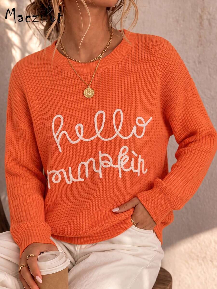 Plus Size Women Fall Winter Crew Neck Sweater, Long Sleeve "Hello Pumpkin" Letter Print Knit Jumper, Casual Top For Commute, Date & Daily Outing - Orange - View 1