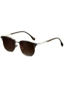 1 Pair Half-Frame Fashionable Handsome Metal Square Glasses, Universal Retro Style, Versatile For Commuting And Going Out - Tea Leaves - View 2