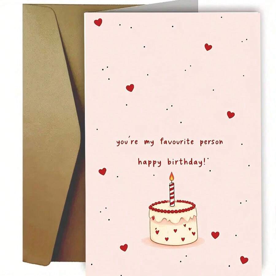 1PC (Envelope And Card) Cute Heart Pattern Birthday Greeting Card, "You Are My Favorite Happy Birthday!", Sweet Cake Illustration, Perfect For Your Loved One, High-Quality Paper, Red Or Yellow Envelope Optional, Creative Greeting Card - View 1