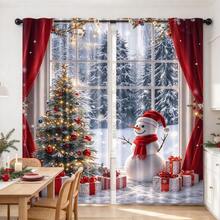 2Pcs Christmas Snowman Tree Curtains, Rod Pocket Design, 2D Flat Print Winter Snow Scene Christmas Tree Gift Box Pattern, Light Filtering Drapes, Xmas Holiday Window Decor For Living Room Bedroom - Multicolor - View 10