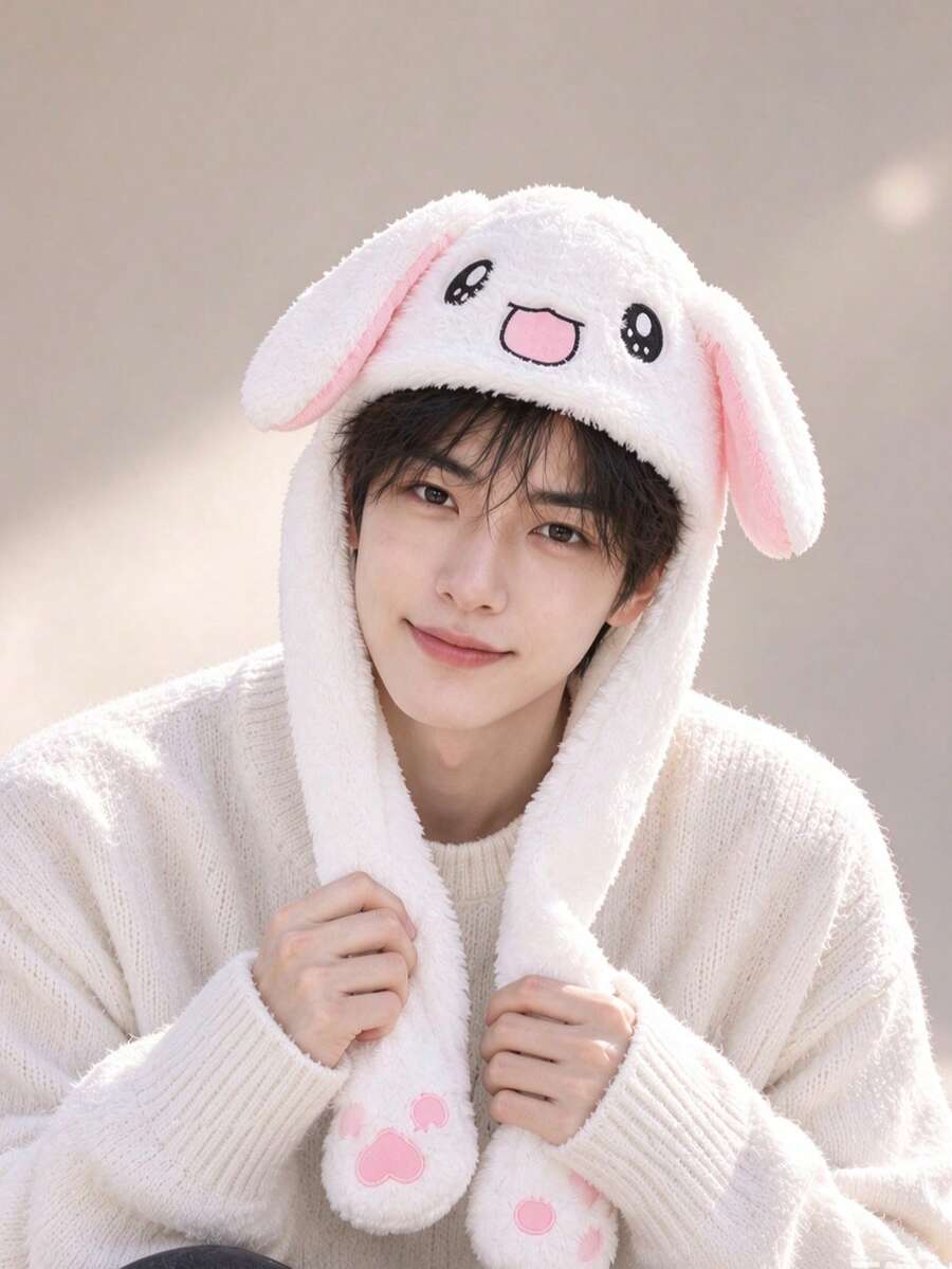 1件中性兔子毛絨帽,可動耳朵,戶外休閒帽 - 白色 - 查看 1