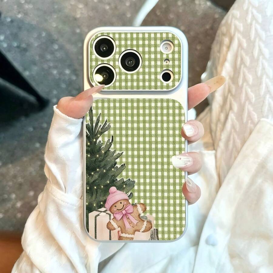 Cool Mint Green Plaid Pattern TPU Phone Case With Gingerbread Man, Christmas Tree And Bow, Suitable For Phone 17 Pro Max/17/16 Pro Max/15/14/13/12/11, Full Coverage, Shockproof, Soft Protective Shell - Mint Green - View 1