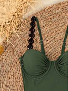 Sexy Style White Spaghetti Strap Two-Piece Swimsuit Women Back Tie Design High Waist Triangle Bikini - Green - View 4