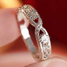 Women's Twisted Hollow Thin Ring, Embossed Design With Small Flower Synthetic Zirconia Accents, Exquisite Jewelry - Silver - View 5