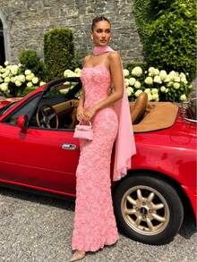 UNITHORSE [Random Cut]Women's Elegant Spaghetti Strap Floral Mesh Waist-Cinching Evening Dress - Pink - View 5
