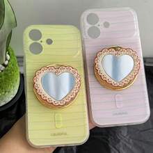 Autumn/Winter Mirror Heart-Shaped Magnetic Phone Stand, Lace Rhinestone Trim Multi-Function Phone Back Push-Pull Stand, Desktop Telescopic Stand, Suitable For All Phones - Gold - View 1