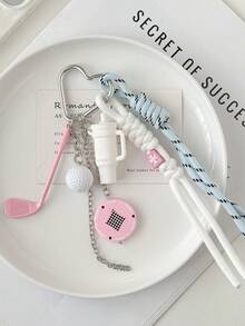 1pc Sports Style Tennis & Golf Racket Keychain, Braided Rope Bag Charm, Ins Sweet Girl School Bag Pendant - Multicolor - View 3