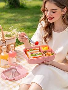 1pc Pink Lunch Box With Utensils, Bento Box With Spoon And Fork, Microwave , Insulated Lunch Bag, 3-Compartment Food Storage Container Set, Suitable For Christmas Gift, Student Back To School, Birthday Gift, Holiday Gift - View 5