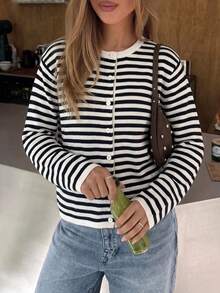 Women's Round Neck Striped Knit Long Sleeve Top - Multicolor - View 2