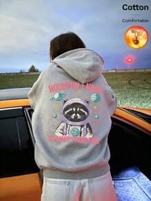 Women's Fleece Hooded Sweatshirt With Astronaut, Raccoon And Letter Print, Y2K Style, Autumn/Winter - Flower Gray - View 8