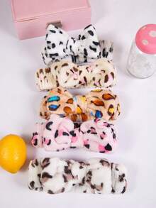 Solid Color Leopard Print Flannel Headband For Women, Bow Knot Plush Hair Tie, Cute Face Wash Headband, Hair Accessory, Polyester - Multicolor - View 2