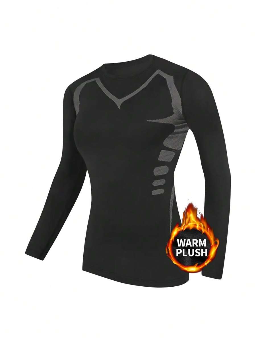 Graphic Print Thermal Sports Tee Basic T Shirt - Black - View 1