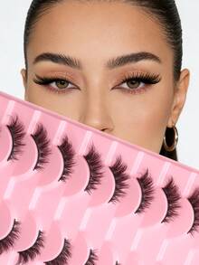 10 Pairs Full Strip Half-Eye False Eyelashes, Fox-Style Winged Tail Design, Eye-Enlarging, Reusable, Natural Soft Lightweight, Suitable For Daily, Date, Party Eye Makeup, For Women Beginners, Natural Fluffy Look, Handmade - View 4