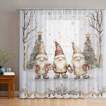 2PCS Christmas Gnome Gift Pine Tree Print AB Sheer Curtains, Bedroom Living Room Window Drapes, Rod Pocket Polyester, Home Decor - Multicolor - View 9