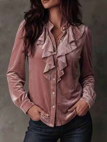 SwallowLucky Plus Size Velvet Ruffle Collar Blouse Women Vintage Pearl Button Puff Long Sleeve Autumn/Winter Top - Pink - View 1