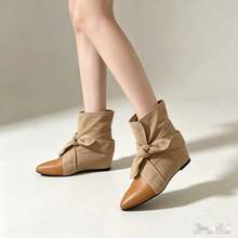 1 Pair Color Block Patchwork Sports Business Bow Ankle Boots For Women, Holiday Autumn/Winter - Khaki - View 11