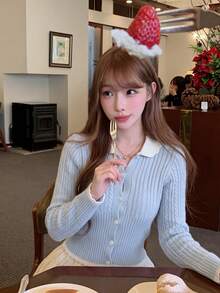 Women's Light Blue Wool Button Cardigan Sweater With White Fan Collar, Suitable For Autumn/Winter Preppy Style - Blue - View 3
