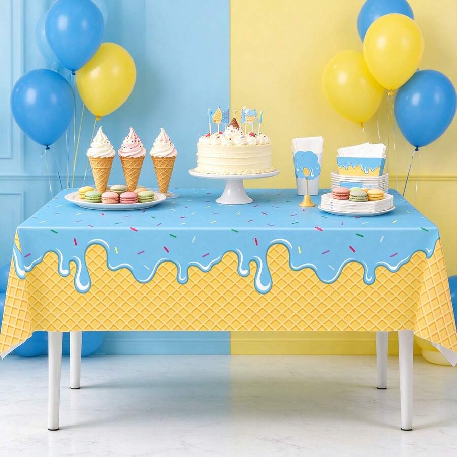 1/3 PCS Taplak Meja Sekali Pakai Motif Wafel Es Krim, Taplak Meja Krim Leleh Biru dan Merah Muda dengan Butiran Gula Berwarna, Dekorasi Meja untuk Pesta Ulang Tahun Manis untuk Pria dan Wanita - Taplak meja es krim biru - View 1
