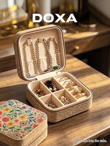 DOXA復古印花便攜式珠寶盒，旅行拉鍊珠寶收納盒，戒指、項鍊與耳環小型展示收納盒 - 棕色3 - 查看 4