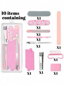 10pcs Boxed High-Quality Pink Series Tool Set, Includes 1 Pair Heart-Shaped Toe Separators, 1 Nail Brush, 1 Nail Clipper, 4 Different Style Nail Files, 2 Polishing Blocks, Complete Nail Care Tool Set Suitable For Home And Travel. - Pink - View 3