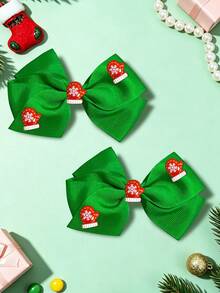 2Pcs Girls Christmas Green Grosgrain Ribbon Bow Hair Clips, Cartoon Reindeer, Christmas Decor Bow Hair Clips, Kids Xmas Party Hair Accessories - Green - View 4