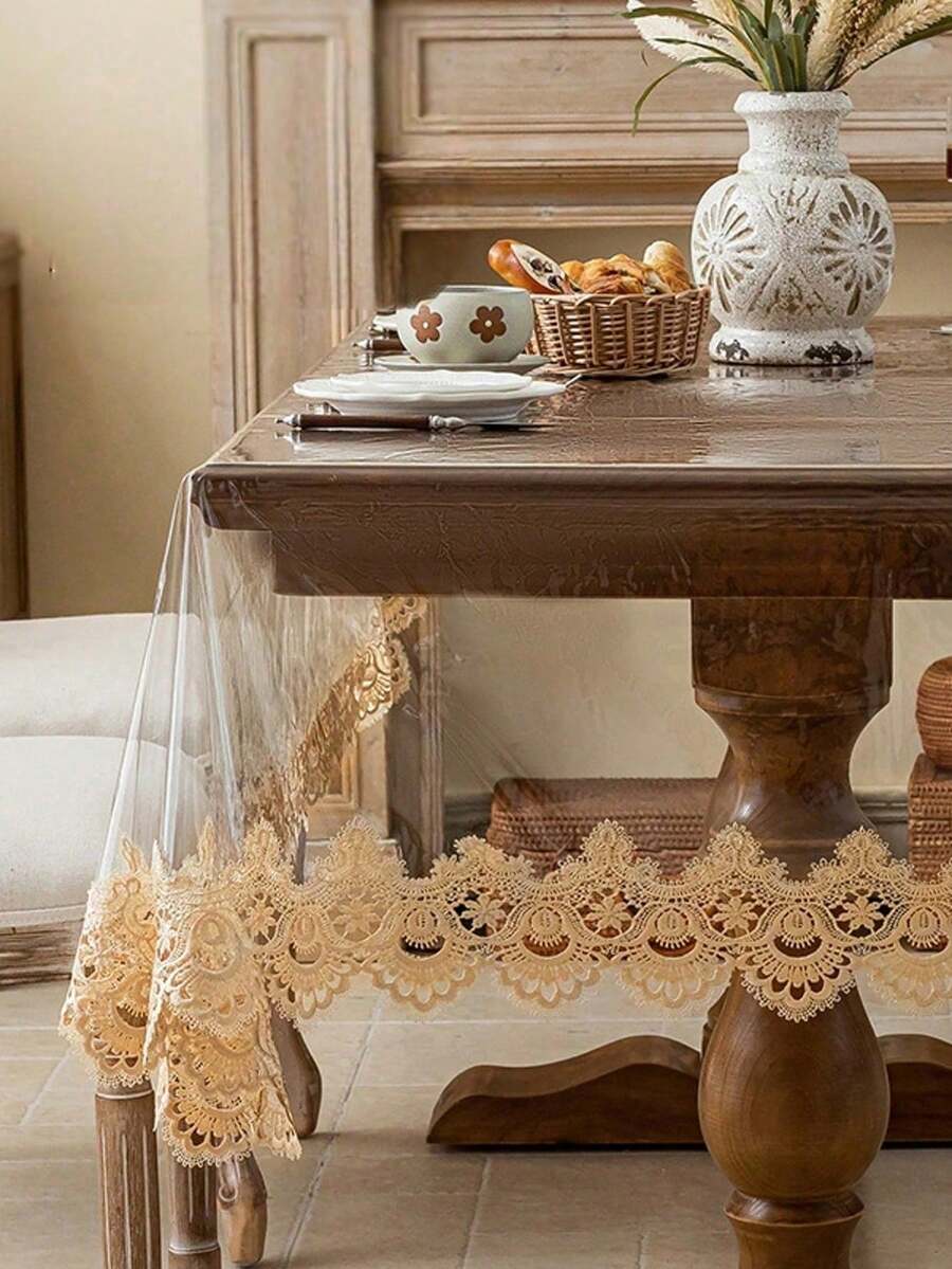 1件透明PVC刺繡蕾絲邊桌布，現代風長方形防水防油防塵桌布，適用於餐桌、咖啡桌、茶几，適合日常居家裝飾、派對、婚禮、節日 - 金色 - 查看 1