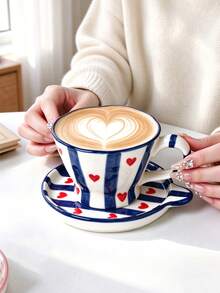 1set Heart Striped Ceramic Coffee Mug With Saucer Set, Hand Painted Red Heart & Stripe Latte Cup, Aesthetic Breakfast Tea Cup, Cute Home Kitchen Drinkware Gift - Multicolor - View 6