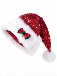 Christmas Hat Red Sequin Bowknot Double Layer Plush Decorative Hat Extra Large Thick Long Fur - Multicolor - View 9