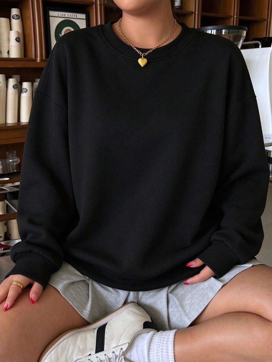 Plus Size Women's Round Neck Hoodie, Soft And Breathable, Versatile And Comfortable, Suitable For Autumn/Winter - Black - View 1